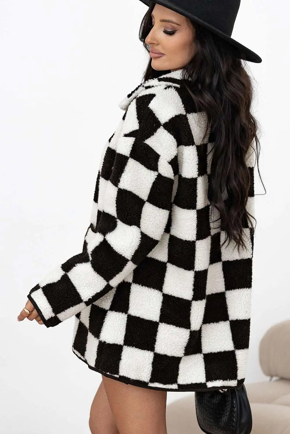 Black Checkered Side Pockets Collared Buttoned Fleece Jacket - Love Salve